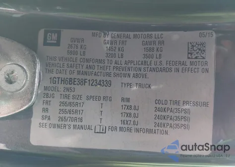 2015 GMC Canyon Sle z USA, uszkodzony, nr VIN 1GTH6BE38F1234339